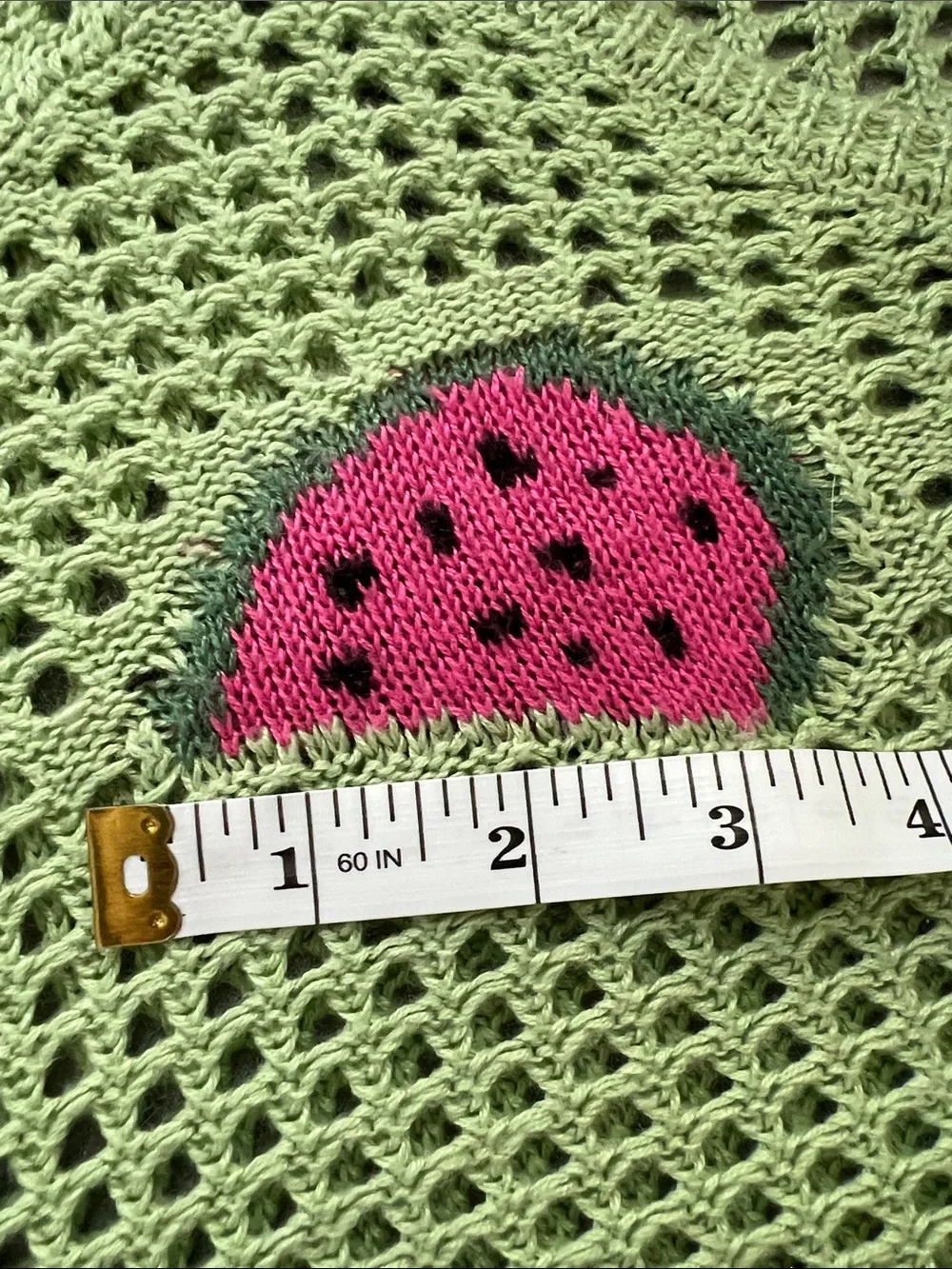 No Comment | Green Cropped Crochet Sweater Pink Watermelon Patches Size XL (16)